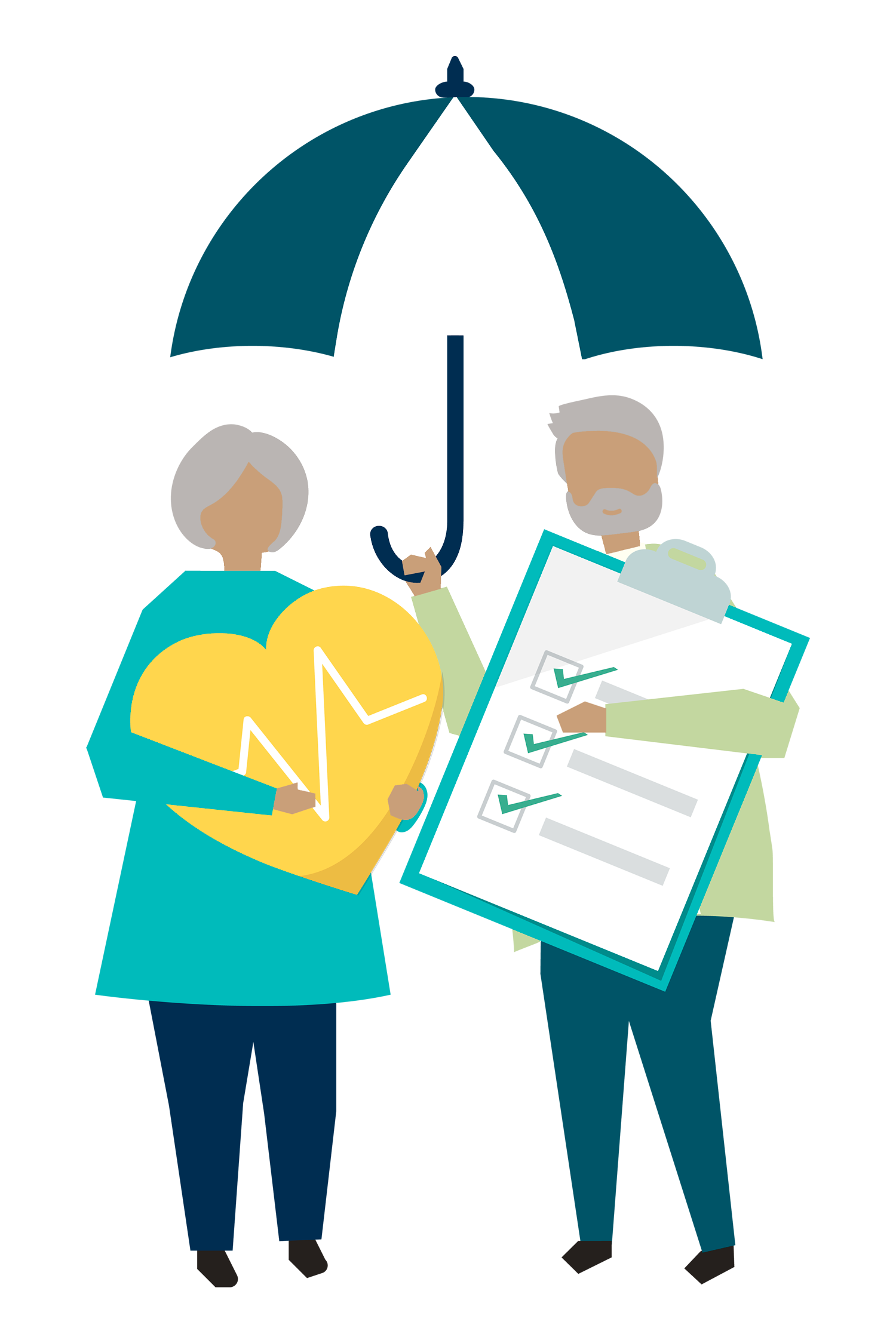 Cartoon image of a an elderly couple holding an umbrella. man holding a clipboard and woman holding a heart to show the importance of retirement planning.