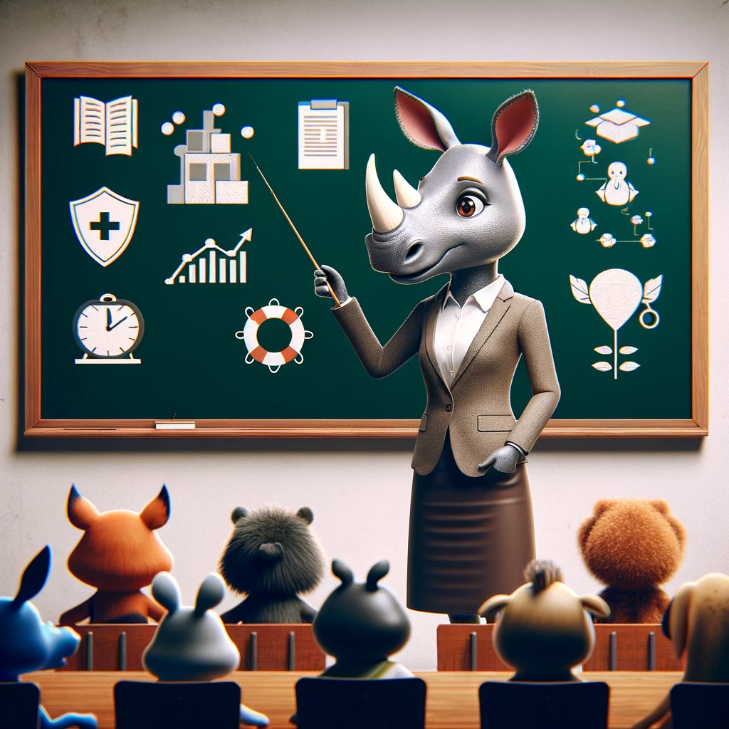 Cartoonish depiction of a female rhino teaching a classroom of young animals in front of a blackboard about life insurance