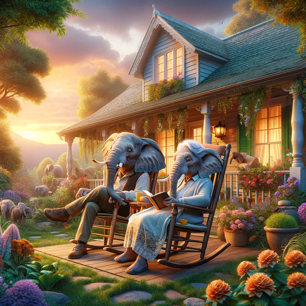 Cartoonish image of an elderly elephant couple sitting outside a cabin in rocking chairs enjoying the comfort of final expense insurance